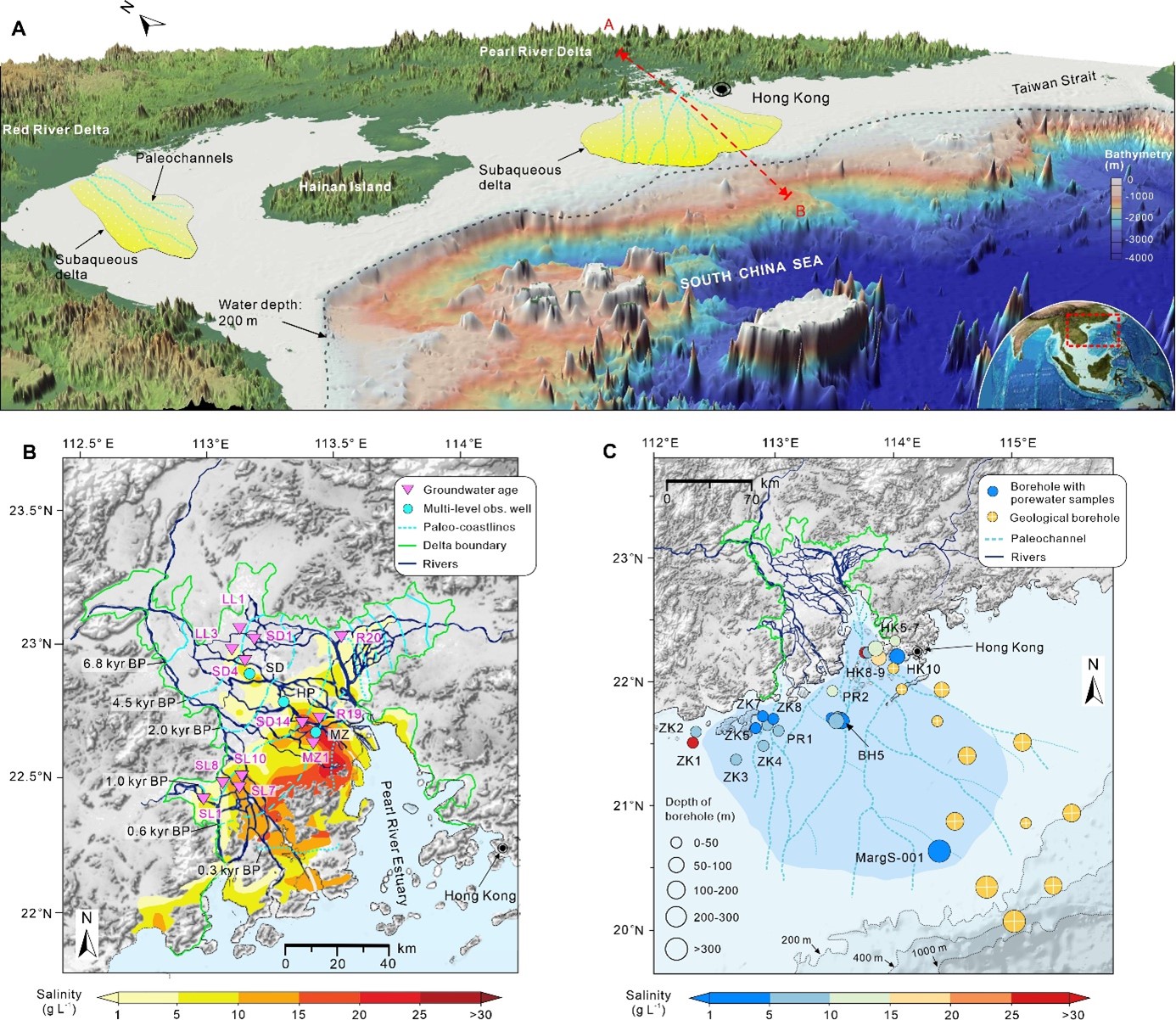 Figure Regional setting of the Pearl River Delta and its adjacent shelf in the northern margin of South China Sea (a), and the counter-intuitive groundwater salinity distribution in this region (b-c).